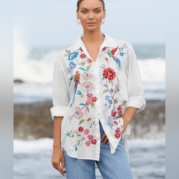 Johnny Was White Floral Embroidered Button Down Shirt - Picture 1 of 8